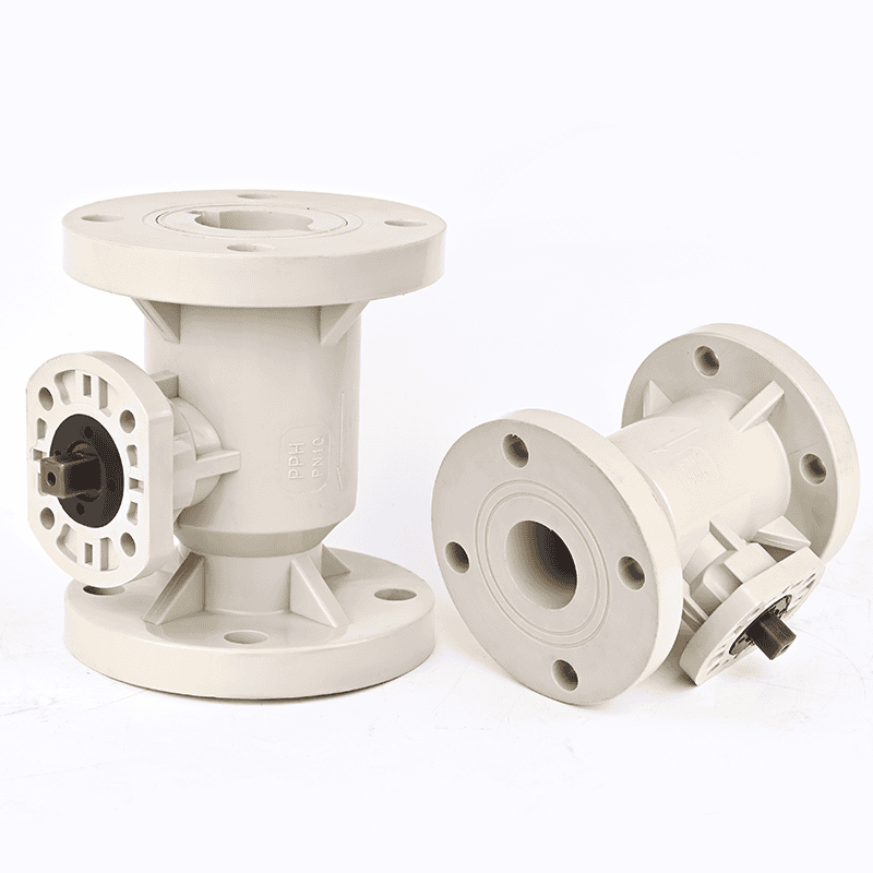 High-durability PPH flanged ball valve body with an actuator mounting pad for automated industrial piping systems