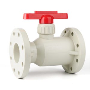 PPH manual flanged ball valves with red handles showing a bolt hole face view for caustic soda pipelines