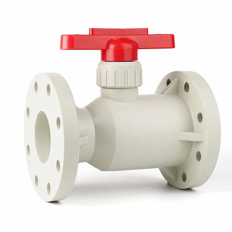 PPH manual flanged ball valves with red handles showing a bolt hole face view for caustic soda pipelines
