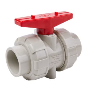 PPH manual true union ball valve with a red handle for highly corrosive alkaline chemical loops