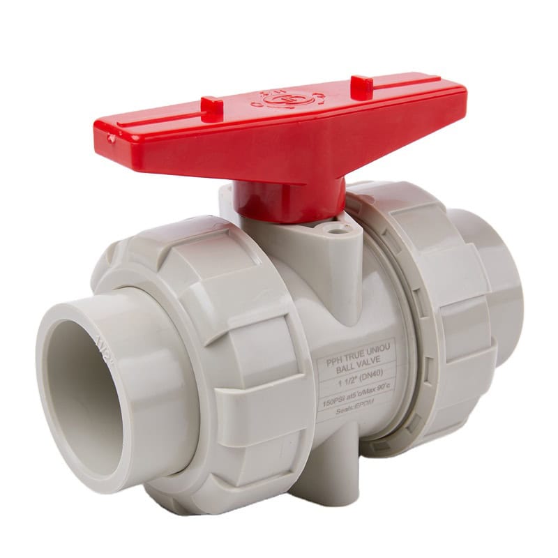 PPH manual true union ball valve with a red handle for highly corrosive alkaline chemical loops