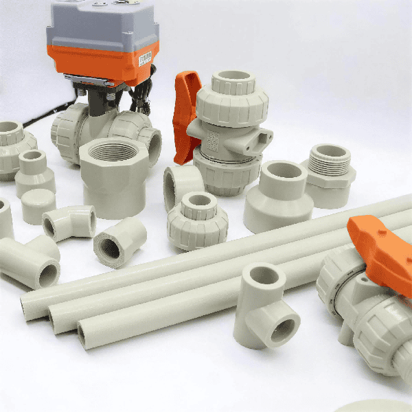 Industrial PPH pipes and fittings including manual ball valves, elbows, tees, couplings, and an electric actuated true union ball valve