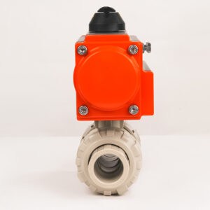 Side profile of a PPH pneumatic valve showing the smooth socket fusion end and full port design to ensure zero pressure drop.