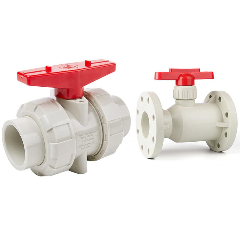 PPH true union and flanged ball valves with red handles, showcasing a comparison of union and flange connection options for industrial alkaline pipelines