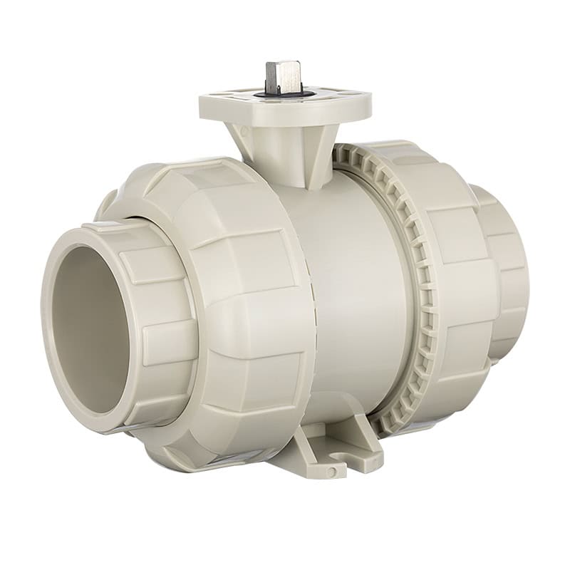 High-durability PPH true union ball valve body with an ISO 5211 mounting pad for pneumatic or electric actuators