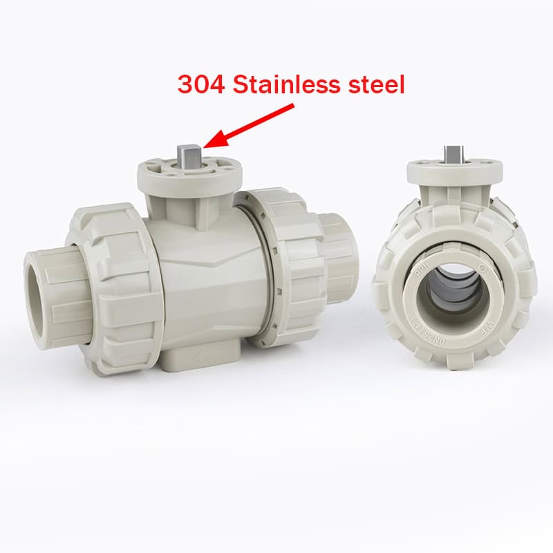 PPH true union ball valve body featuring an ISO 5211 high mounting pad, ready for direct installation of pneumatic or electric actuators.