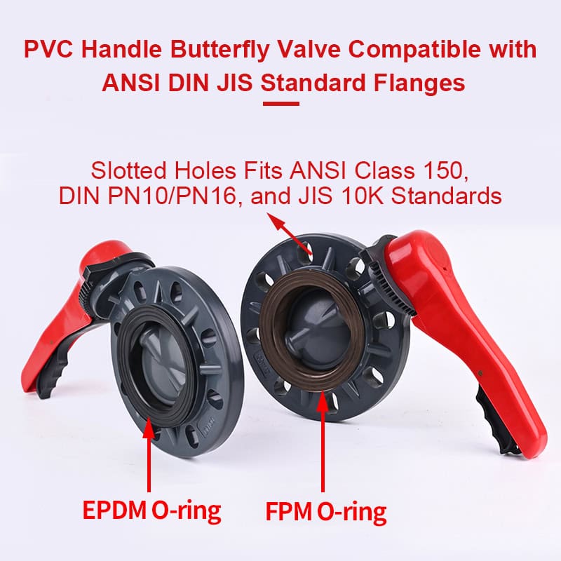 Two PVC handle butterfly valves demonstrating EPDM and FPM O-ring seal options and multi-standard slotted holes compatible with ANSI, DIN, and JIS flanges