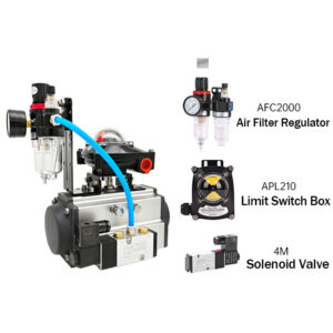 Complete UPVC pneumatic automated ball valve assembly, equipped with Namur solenoid valve, limit switch box, and air filter regulator for advanced fluid control.