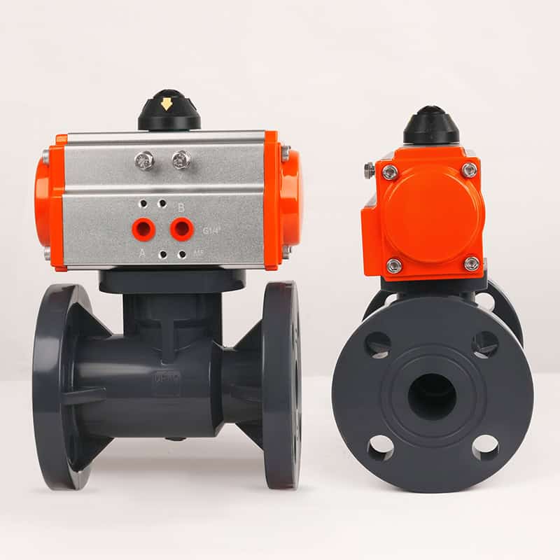 Fully assembled PVC pneumatic flanged ball valves, showing the solid flanged connection for secure and leak-proof chemical fluid control.