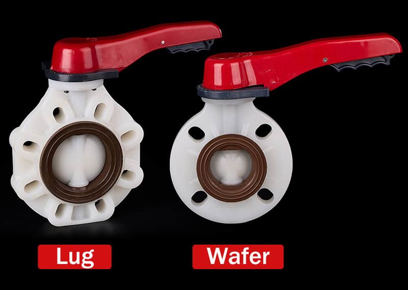 Comparison of a lug-type and a wafer-type PVDF plastic butterfly valve with Viton seals and red handles, displaying different flow control designs in high-quality plastic valves and fittings