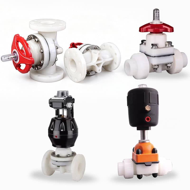 Composite product catalog of PVDF diaphragm valves and fittings, showcasing both manual and pneumatic actuated models in flanged and socket weld configurations
