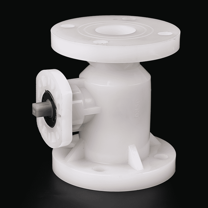 High-purity PVDF flanged ball valve body without handle, equipped with a mounting pad for automated pneumatic or electric actuators