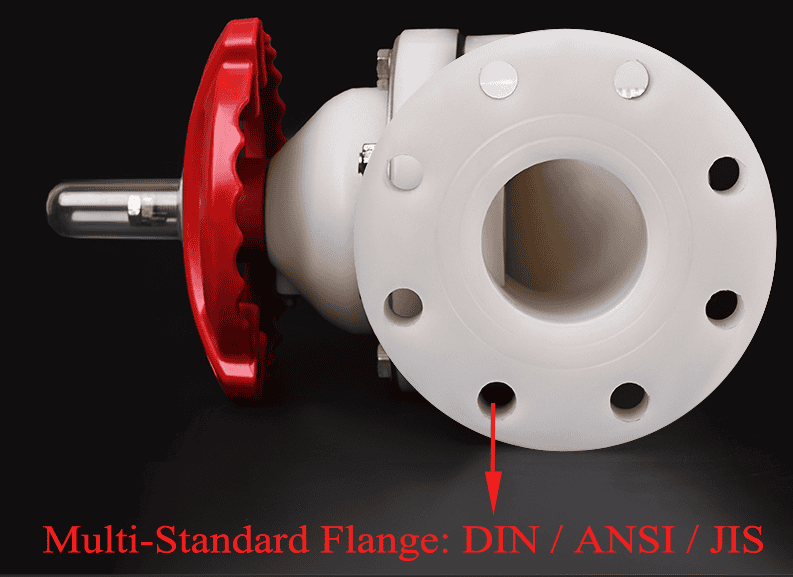 PVDF flanged diaphragm valve featuring a multi-standard flange face compatible with DIN, ANSI, and JIS bolt circle standards for industrial plastic piping systems