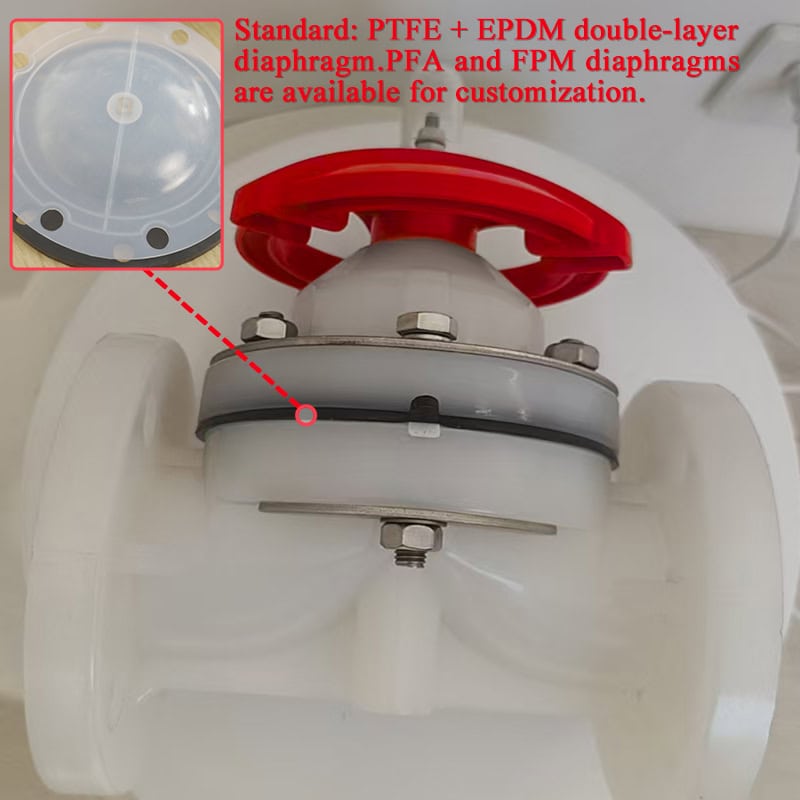 High-purity PVDF flanged diaphragm valve with standard PTFE and EPDM double-layer diaphragm for ultra-pure water and strong acid pipelines