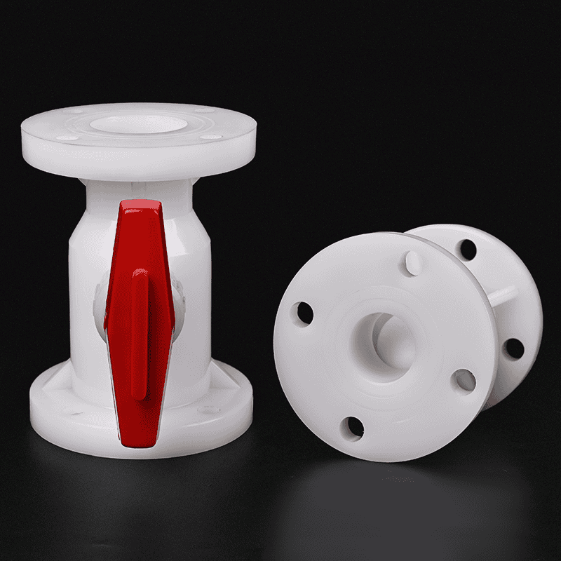 PVDF manual flanged ball valves with red handles and a flange bolt hole face view for highly corrosive chemical pipelines