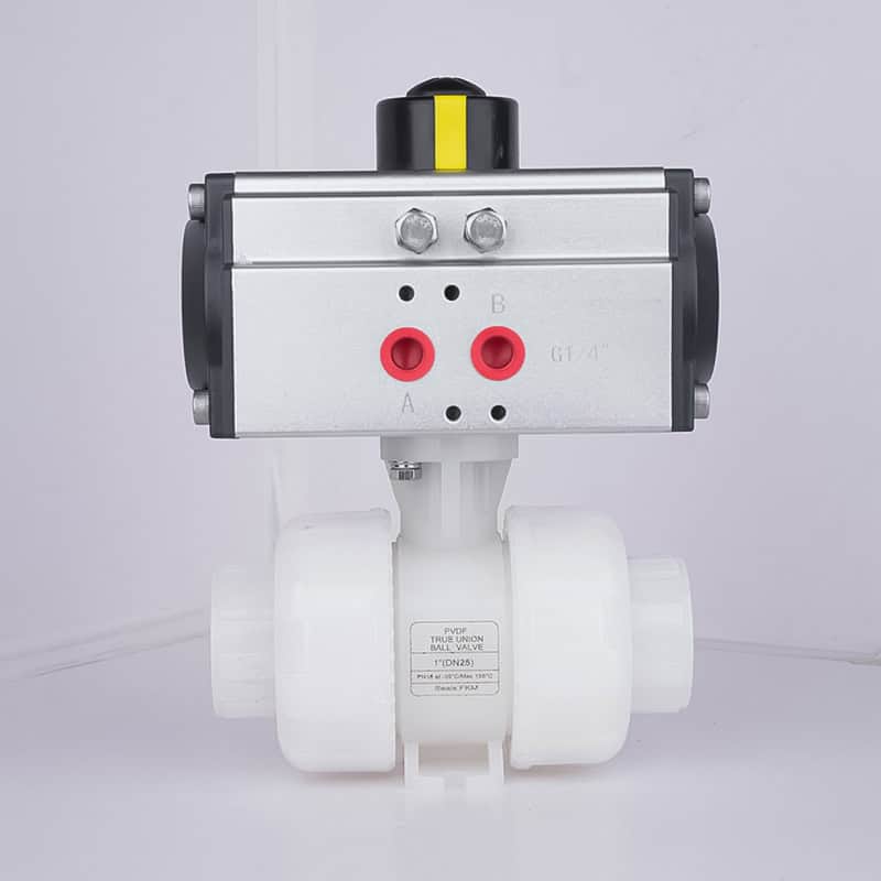 Front view of Huiya PVDF pneumatic true union ball valve, featuring an inline-maintainable design for ultimate chemical fluid control.