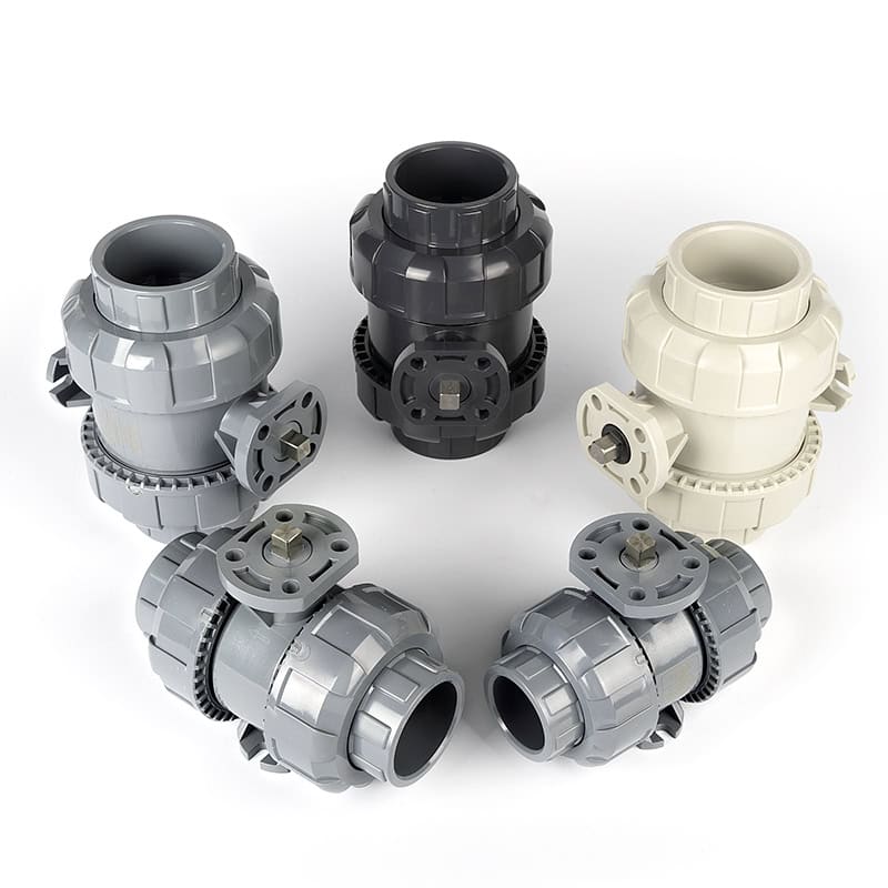 Actuation-ready plastic valves and fittings displaying UPVC, CPVC, and PPH true union ball valves with ISO 5211 mounting pads for pneumatic or electric actuators