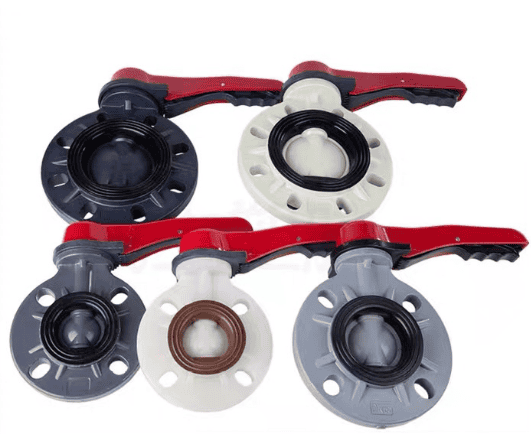 Five lever-operated plastic valves and fittings displaying UPVC, CPVC, PPH, PVDF, and FRPP wafer butterfly valves with red handles, showcasing different corrosion-resistant materials