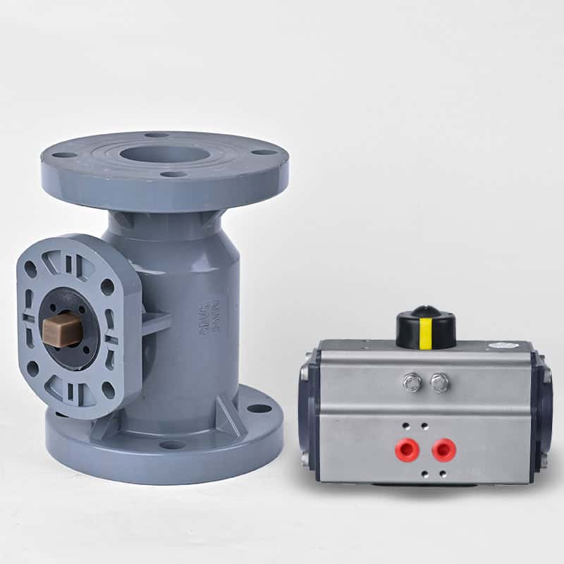 CPVC flanged ball valve body showing the bare square shaft and ISO 5211 direct mounting pad, placed next to a pneumatic
