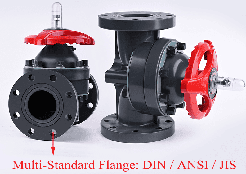 UPVC flanged diaphragm valve featuring a multi-standard flange face compatible with DIN, ANSI, and JIS bolt circle standards for industrial plastic piping systems