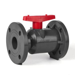 UPVC manual flanged ball valve with a red handle for general industrial water treatment and swimming pool filtration