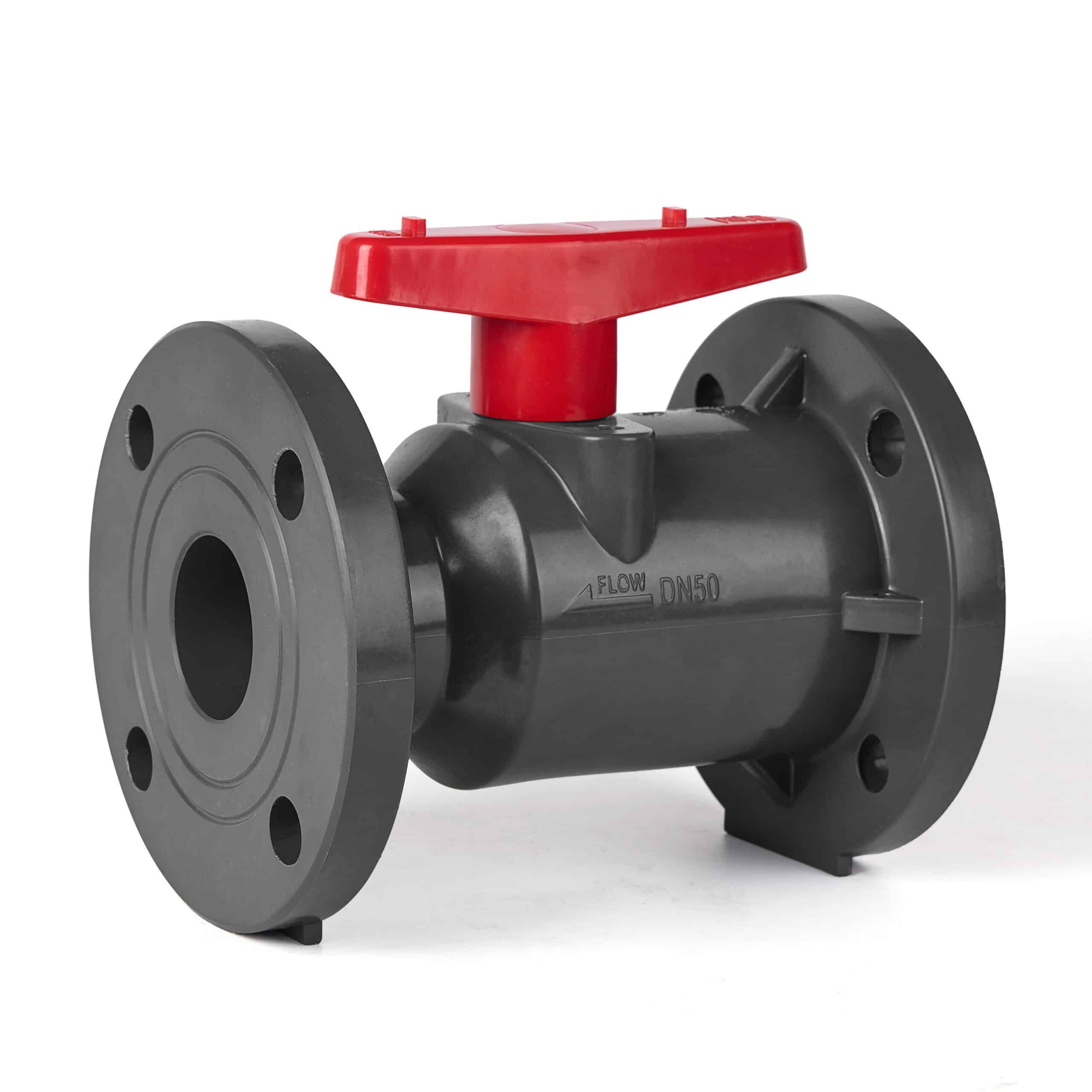 UPVC manual flanged ball valve with a red handle for general industrial water treatment and swimming pool filtration