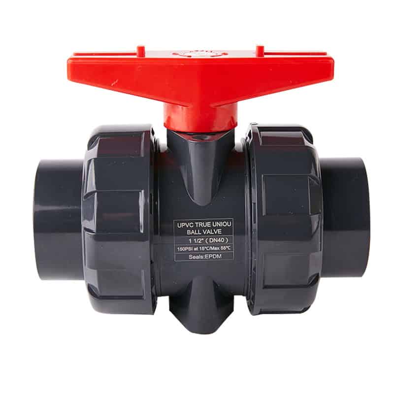 UPVC manual true union ball valve with a bright red handle for water treatment and pool piping systems