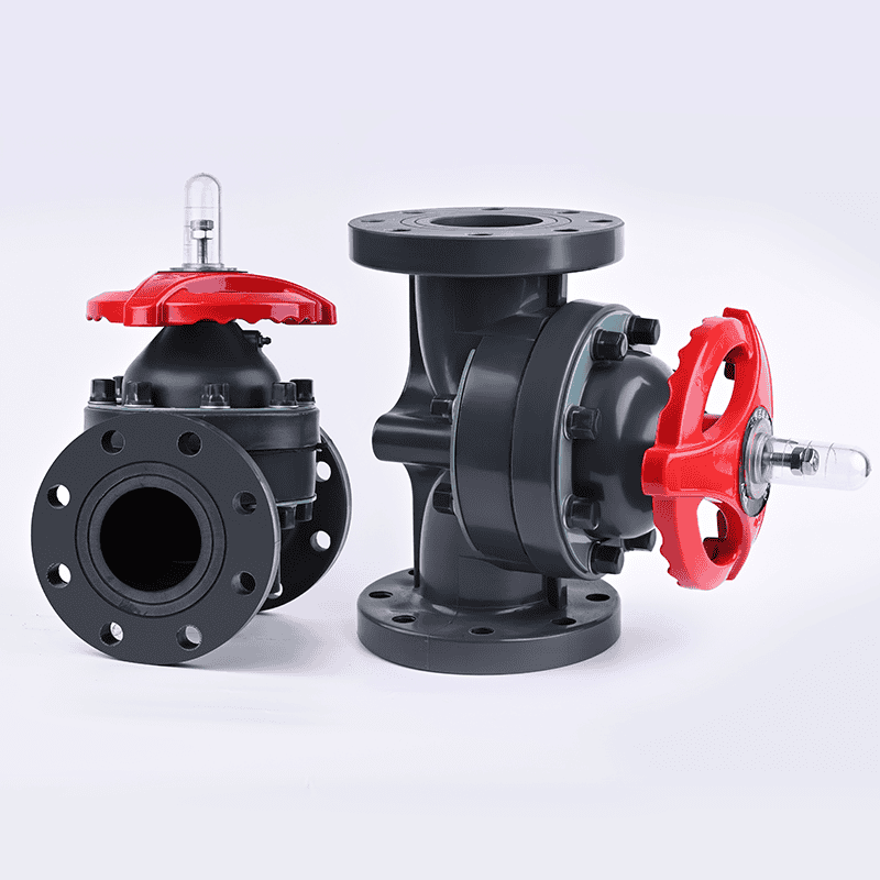 Two manual flanged UPVC plastic diaphragm valves with red handwheels showing flange connection and side profile for industrial water treatment systems