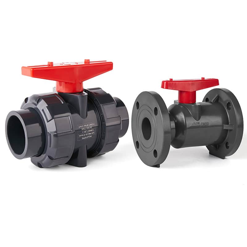 UPVC true union and flanged ball valves with red handles, comparing socket and flanged connections for general industrial water treatment pipelines