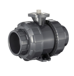 Actuation-ready UPVC true union ball valve body with an ISO 5211 mounting pad for electric and pneumatic actuator assembly