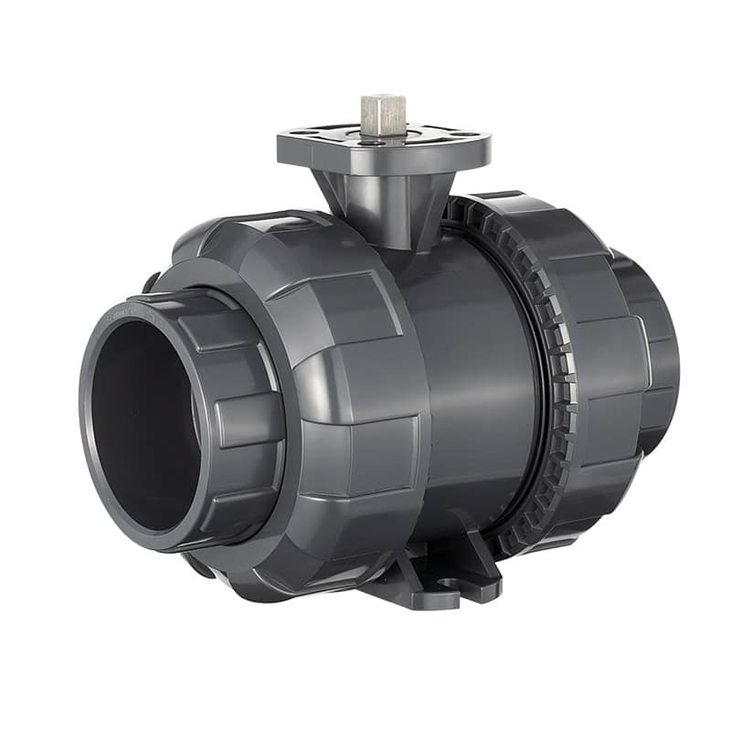 Actuation-ready UPVC true union ball valve body with an ISO 5211 mounting pad for electric and pneumatic actuator assembly