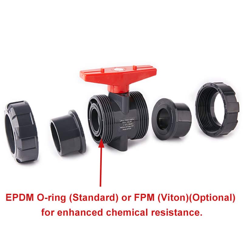 Exploded view of a UPVC true union ball valve highlighting the standard EPDM or optional Viton O-ring seal for enhanced chemical resistance