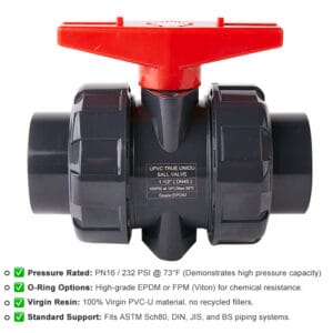 Technical product image of a UPVC manual true union ball valve with specifications including PN16 pressure rating, Viton seals, and 100% virgin resi