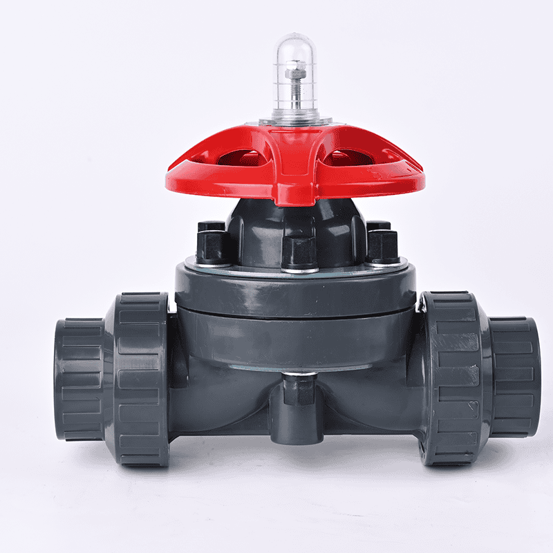 Manual socket-type UPVC plastic diaphragm valve with a red handwheel and transparent position indicator cap for water filtration pipelines