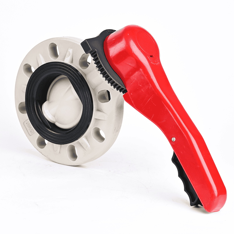 Lever-operated wafer-type PPH plastic butterfly valve with a bright red handle for hot caustic soda and alkaline chemical processing pipelines