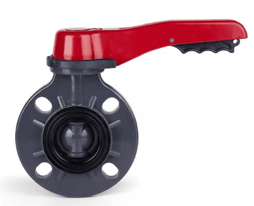 Lever-operated wafer-type PVC plastic butterfly valve with a bright red handle for water treatment and chemical piping systems