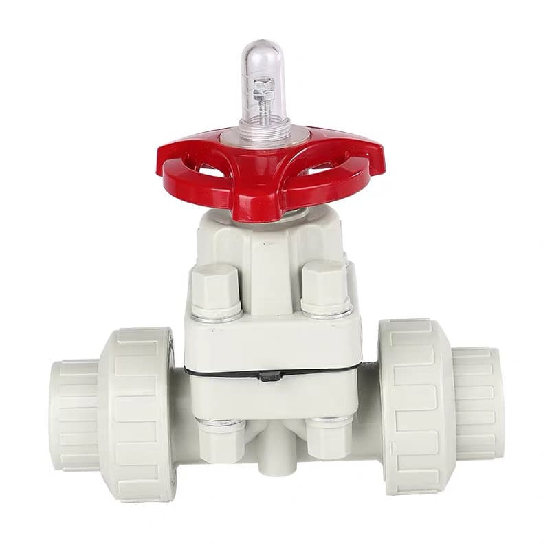 Manual socket-type PPH plastic diaphragm valve with a red handwheel and visual position indicator for chemical dosing and alkaline wastewater lines