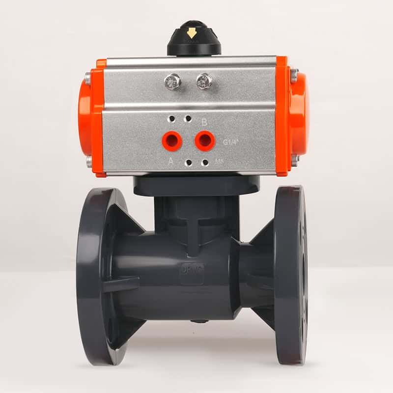 Side profile of Huiya PVC pneumatic flanged valve with a high-performance double-acting actuator for reliable water treatment automation