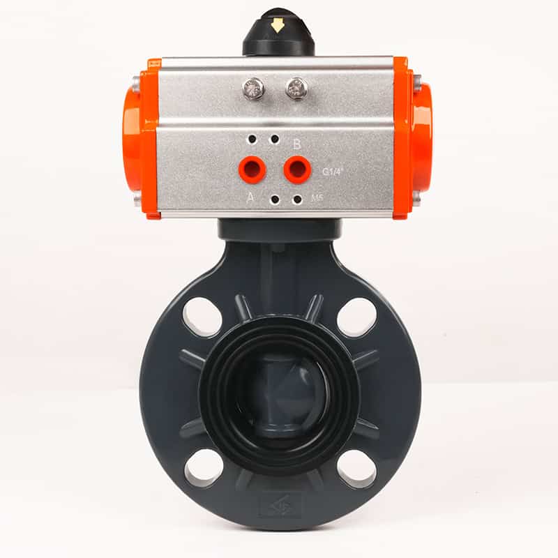 Huiya heavy-duty PVC pneumatic butterfly valve, fully assembled with a high-torque pneumatic actuator for reliable industrial performance.
