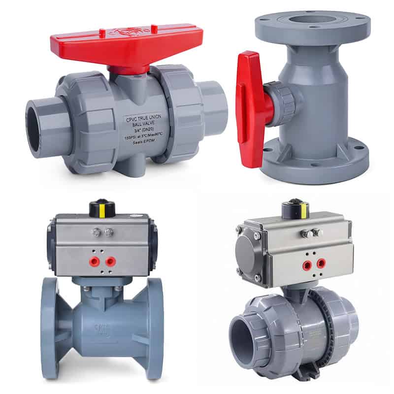 CPVC ball valves in four configurations — manual true union, manual flanged, pneumatic flanged and pneumatic true union — with red handles and rack-and-pinion actuators for hot corrosive chemical service