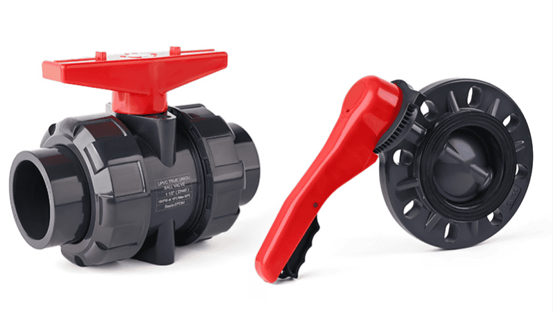 Comparison of a UPVC true union ball valve and a UPVC wafer-type butterfly valve with red handles, showcasing different plastic valves and fittings for industrial pipelines