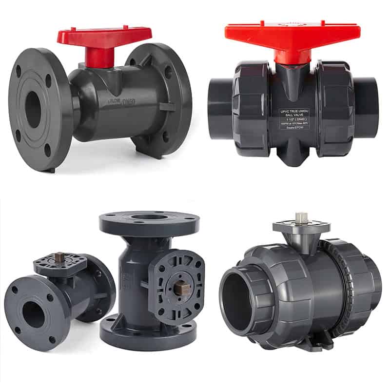 Composite catalog of UPVC ball valves and fittings, displaying manual and actuation-ready models in both true union and flanged connections for industrial water treatment