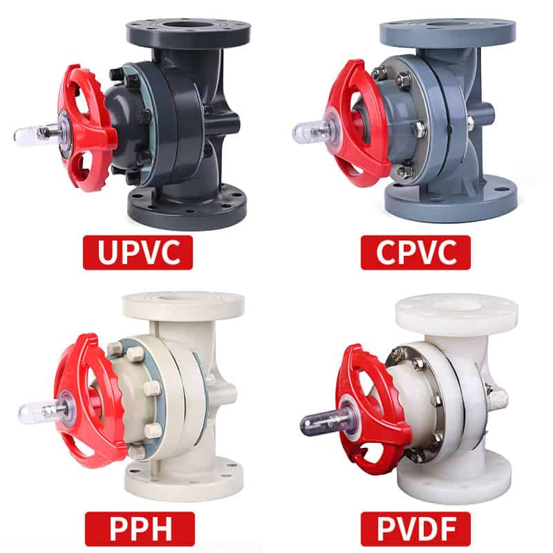 Four manual flanged plastic valves and fittings displaying UPVC, CPVC, PPH, and PVDF diaphragm valves with red handwheels, showcasing different corrosion-resistant materials
