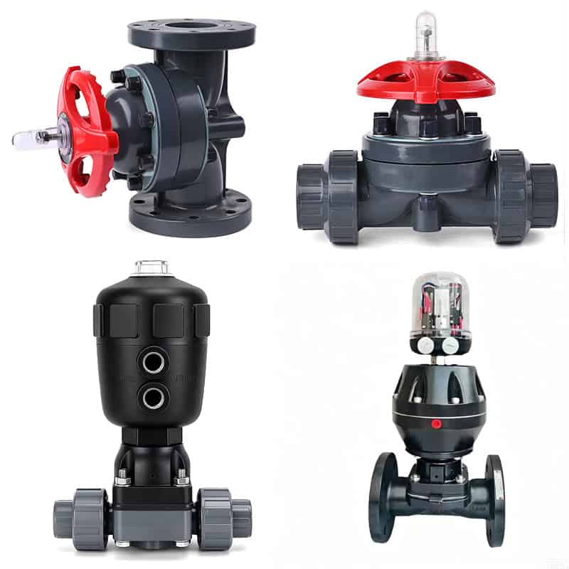 Composite product catalog of UPVC diaphragm valves, showcasing both manual and pneumatic actuated models in flanged and true union/socket connections for industrial fluid control