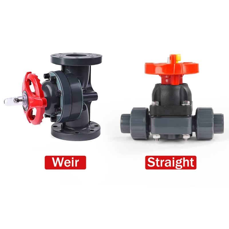 Comparison of a weir-type and a straight-through plastic diaphragm valve, displaying different flow path designs in high-quality plastic valves and fittings