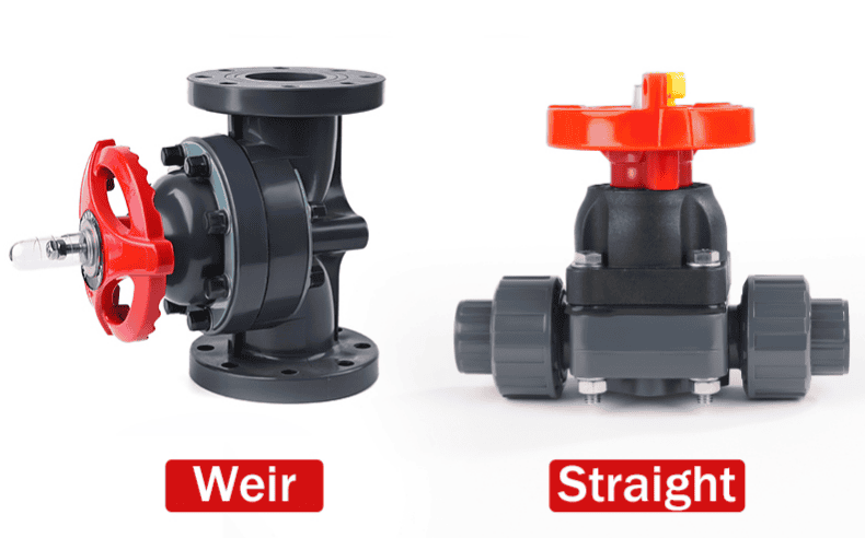 Comparison of a weir-type and a straight-through plastic diaphragm valve, displaying different flow path designs in high-quality plastic valves and fittings
