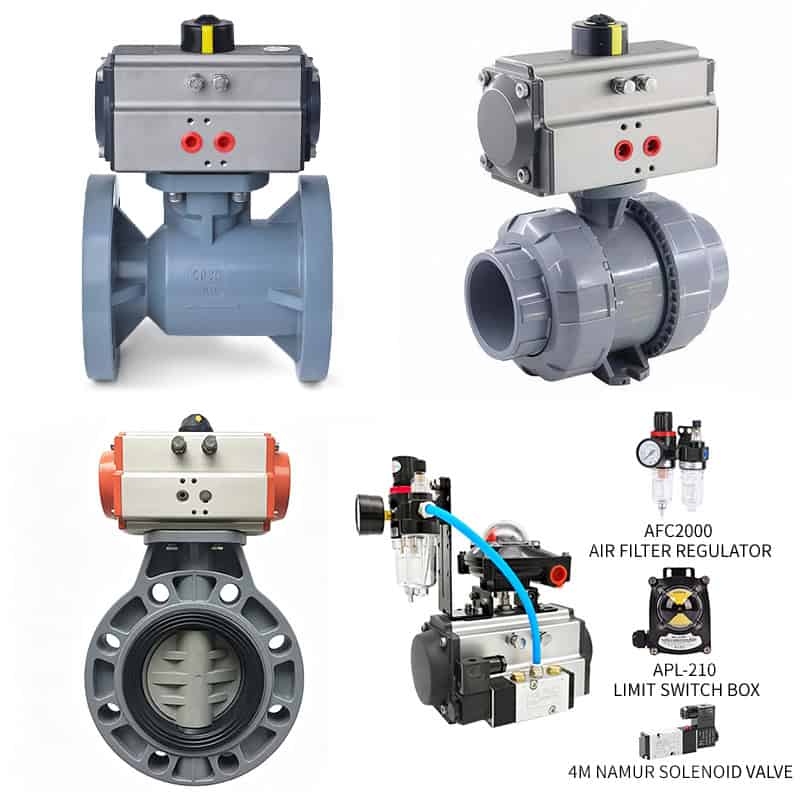 CPVC pneumatic valves and fittings showcasing automated ball and butterfly valves along with modular accessories like AFC2000 air filter, APL-210 limit switch, and 4M solenoid valve