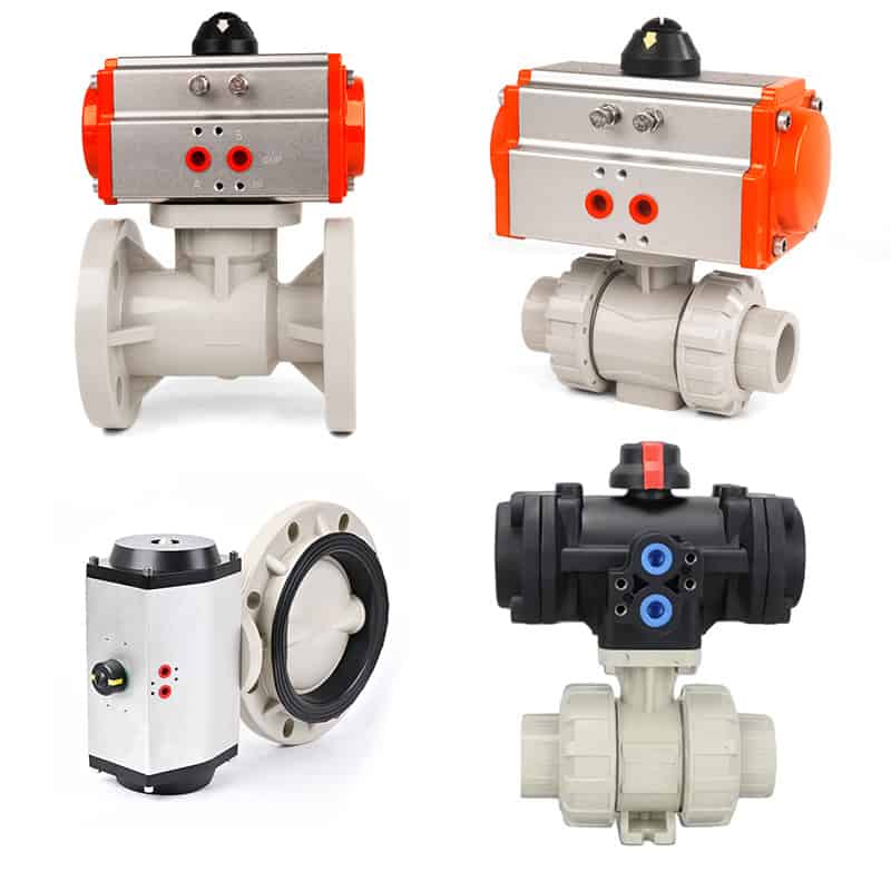 A collection of PPH pneumatic valves and fittings including flanged and true union ball valves, wafer butterfly valves, and a non-corrosive black polyamide actuator