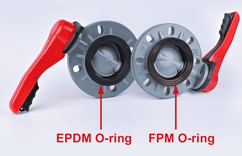 Viton vs EPDM valve seals: a black EPDM O-ring and a brown FPM (Viton/FKM) O-ring on two plastic butterfly valves